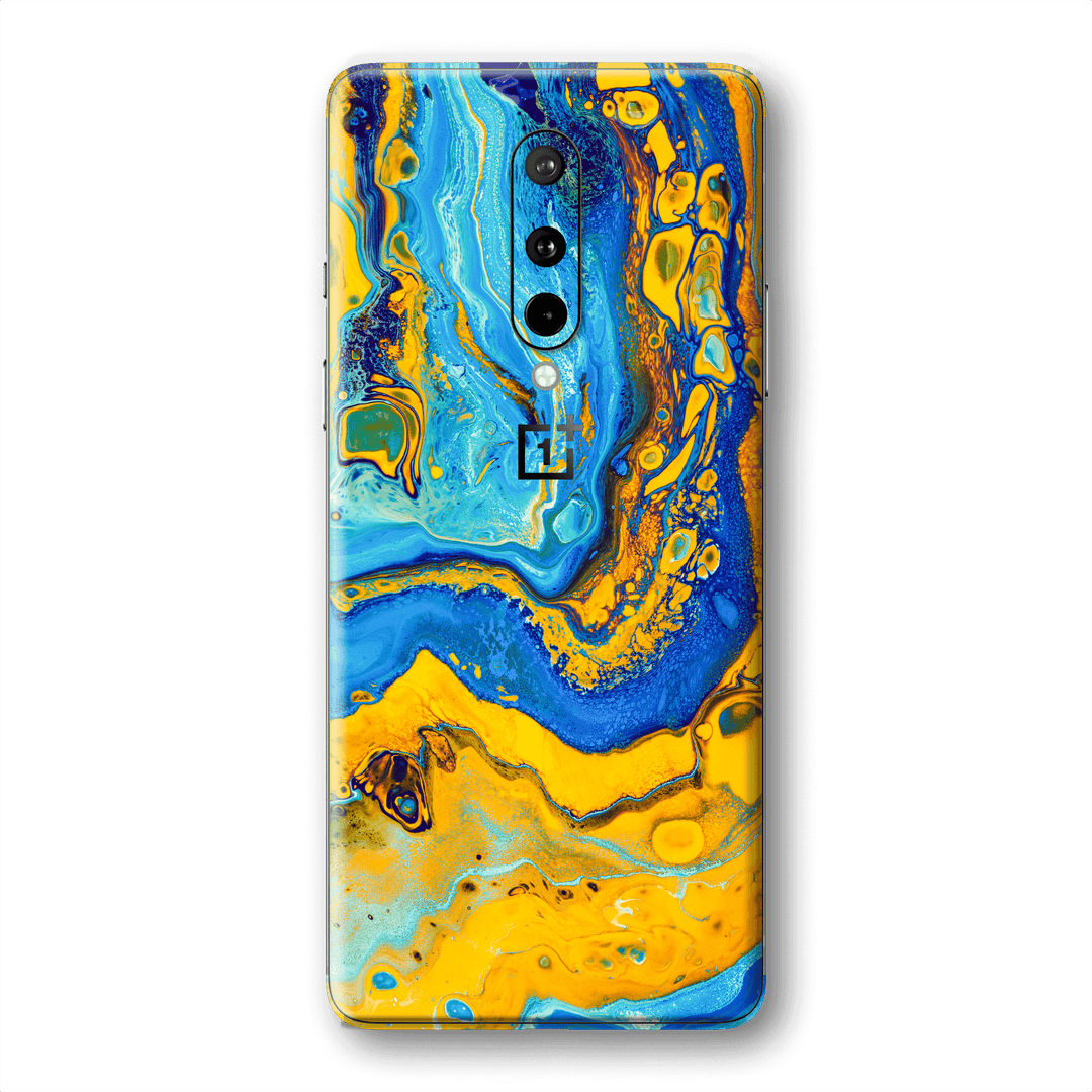 OnePlus 8 SIGNATURE Tuscan Sun Yellow Blue Alcohol Ink Paint Skin, Wrap, Decal, Protector, Cover by EasySkinz | EasySkinz.com